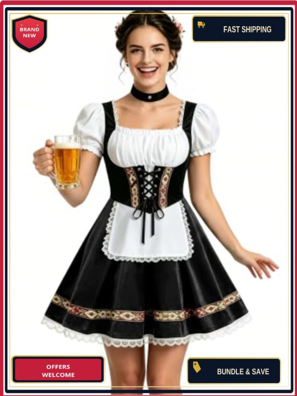 Womens Oktoberfest Dirndl Costume Bavarian Dress Velvet Lace-Up